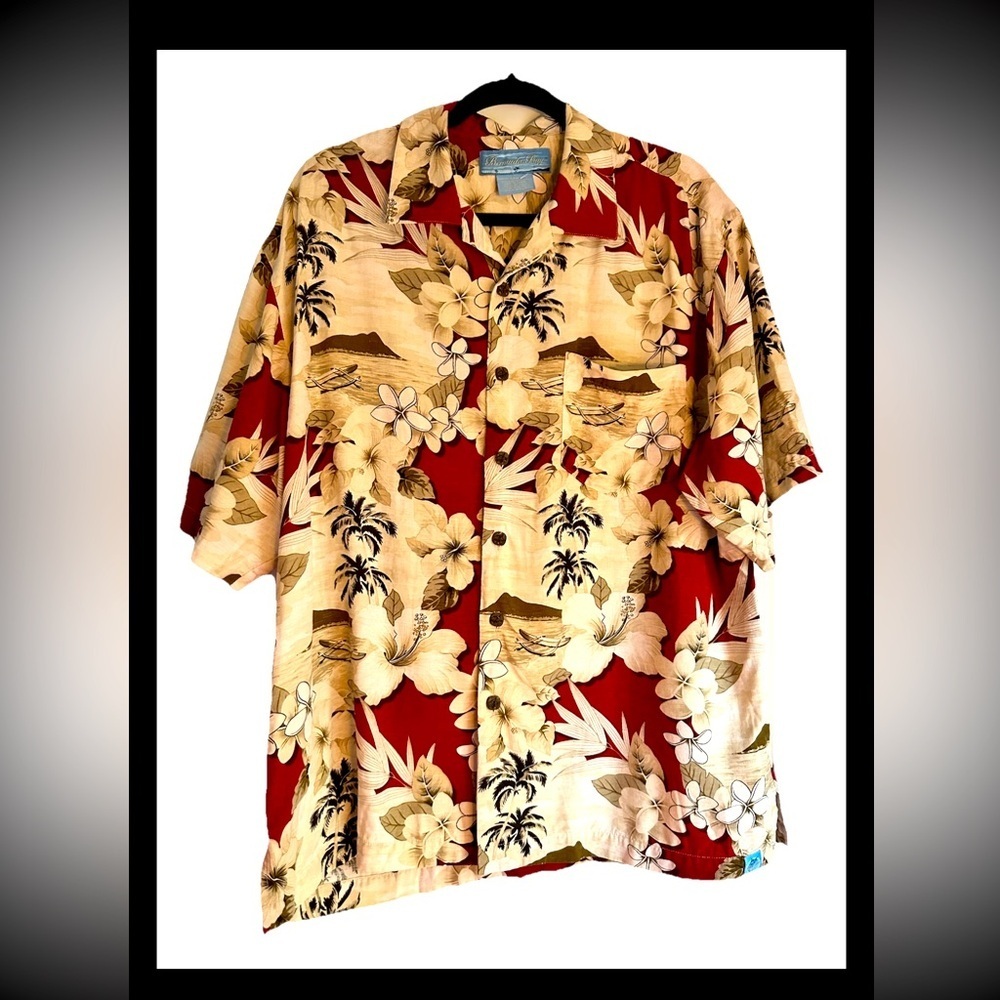 BERMUDA BAY Men’s Tropical Burgundy Beige Floral 100% Silk Hawaiian Shirt Sz L